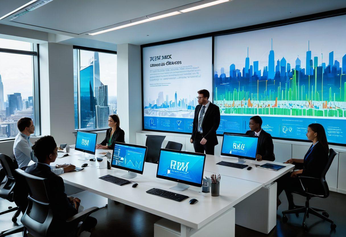 A modern office scene showcasing a team of diverse professionals collaborating around a sleek conference table, analyzing colorful charts and digital graphs on laptops. A large screen displays the logo of 'XXX Digital Services' with a futuristic city skyline visible through a glass window. The atmosphere is vibrant and optimistic, conveying innovation and expertise in hosting solutions. The color palette includes blues, greens, and accents of warm tones to emphasize a dynamic work environment. super-realistic. vibrant colors. white background.