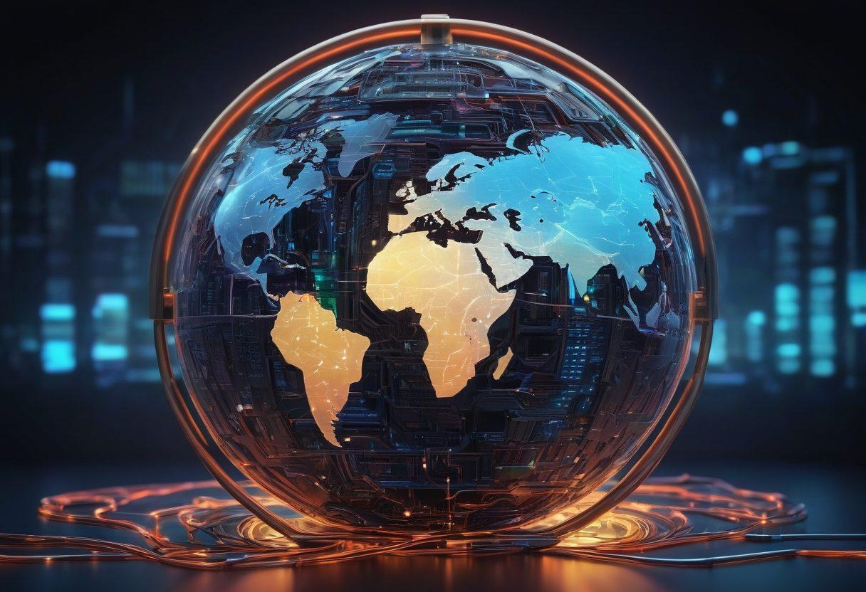 A futuristic illustration of interconnected digital networks with vibrant nodes representing various domain management and hosting solutions. The background features a glowing globe made of circuits to signify global connectivity. Include an open padlock symbolizing 'unlocking' potential, and add abstract data streams flowing between the nodes. vibrant colors. cyberpunk. 3D.
