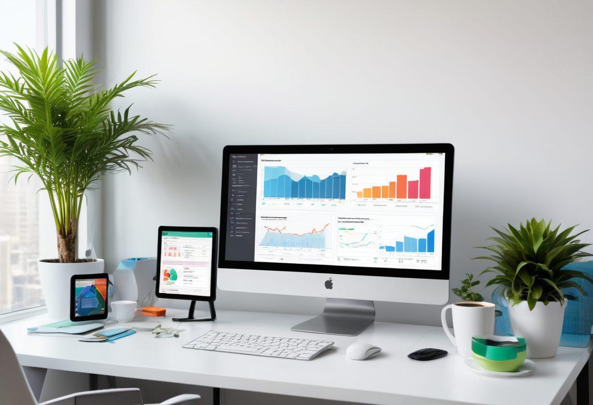 A modern workspace showcasing a computer screen displaying an interactive dashboard of a web solutions platform, surrounded by digital elements representing enhanced internet management such as graphs, analytics, and cloud icons. Include a sleek office environment with a plant and a coffee mug to convey productivity. Bright, engaging colors to inspire innovation and efficiency. super-realistic. vibrant colors. clean background.
